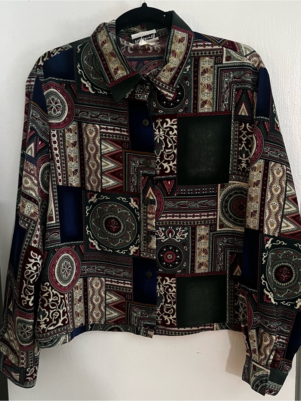 BonWorth Navy Burgundy Cream Geometric Patchwork Button-Up Blouse